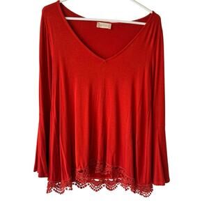 Altar'd State Women’s XS Boho Bell Sleeve Shirt Crochet Lace Trim Orange V-Neck